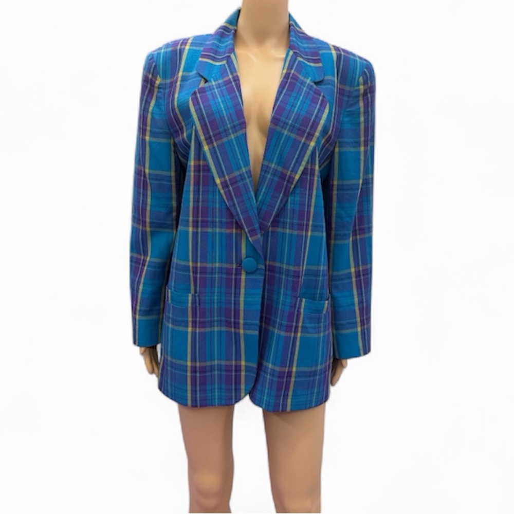 Vintage Colorful Casual Corner Plaid Blazer Womens 12 Linen Blend